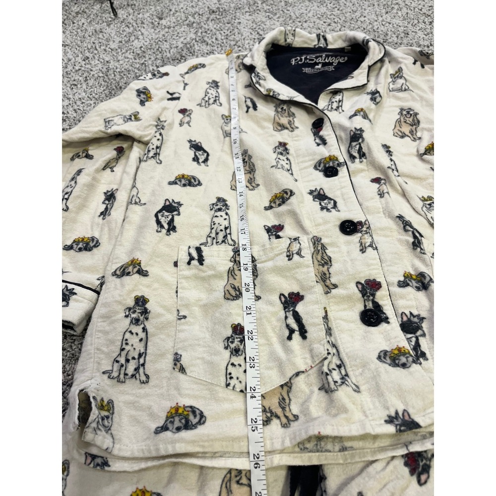 PJ Salvage Women Small Dog Print Flannel Pajama Set Cream‎ Button Front Long - Picture 6 of 15